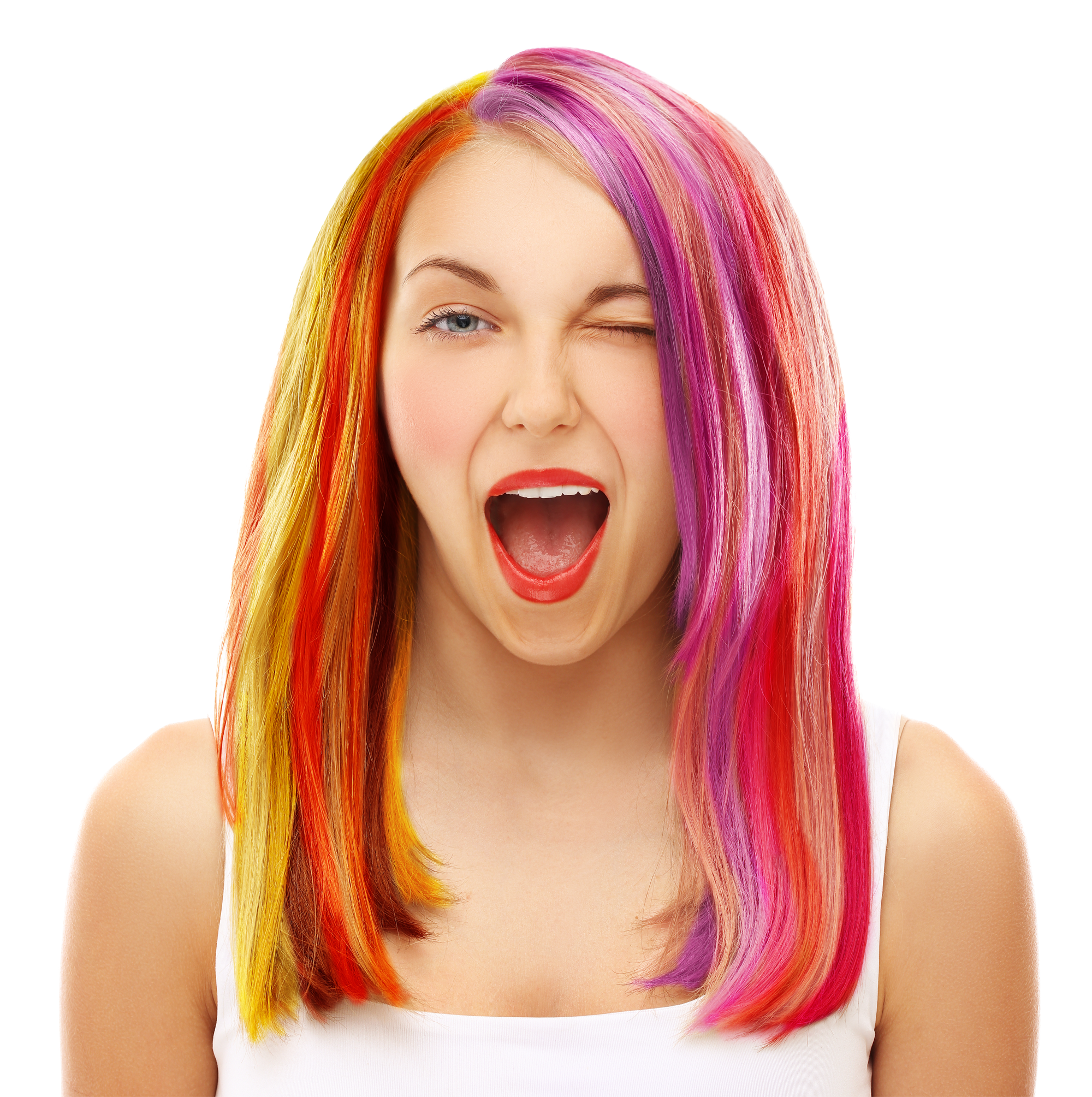 A girl with bright colorful hair winking