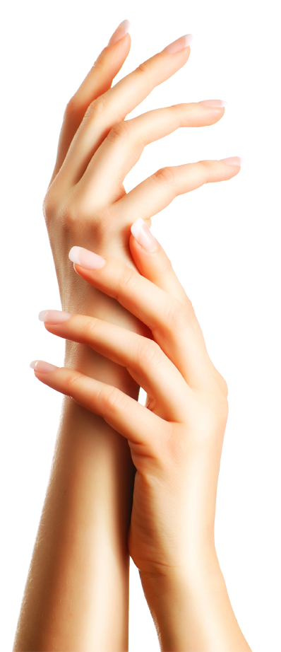 A woman's hands being modeled upwards with a freshly done manicure