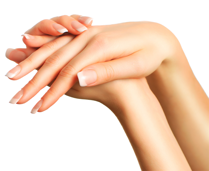 A woman's hands being modeled with a freshly done manicure